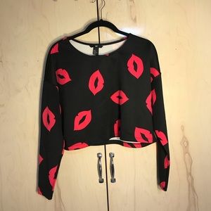 Lips Sweater Crop top Hot Pink/Black Neoprene Feel